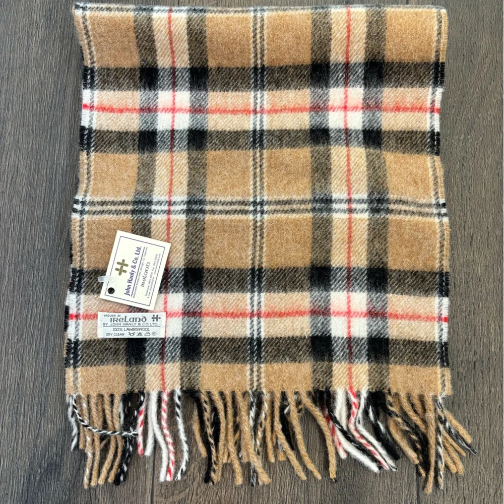 NWT - John Hanly Ireland Merino Luxury Wool Scarf Classic Carmel Tartan